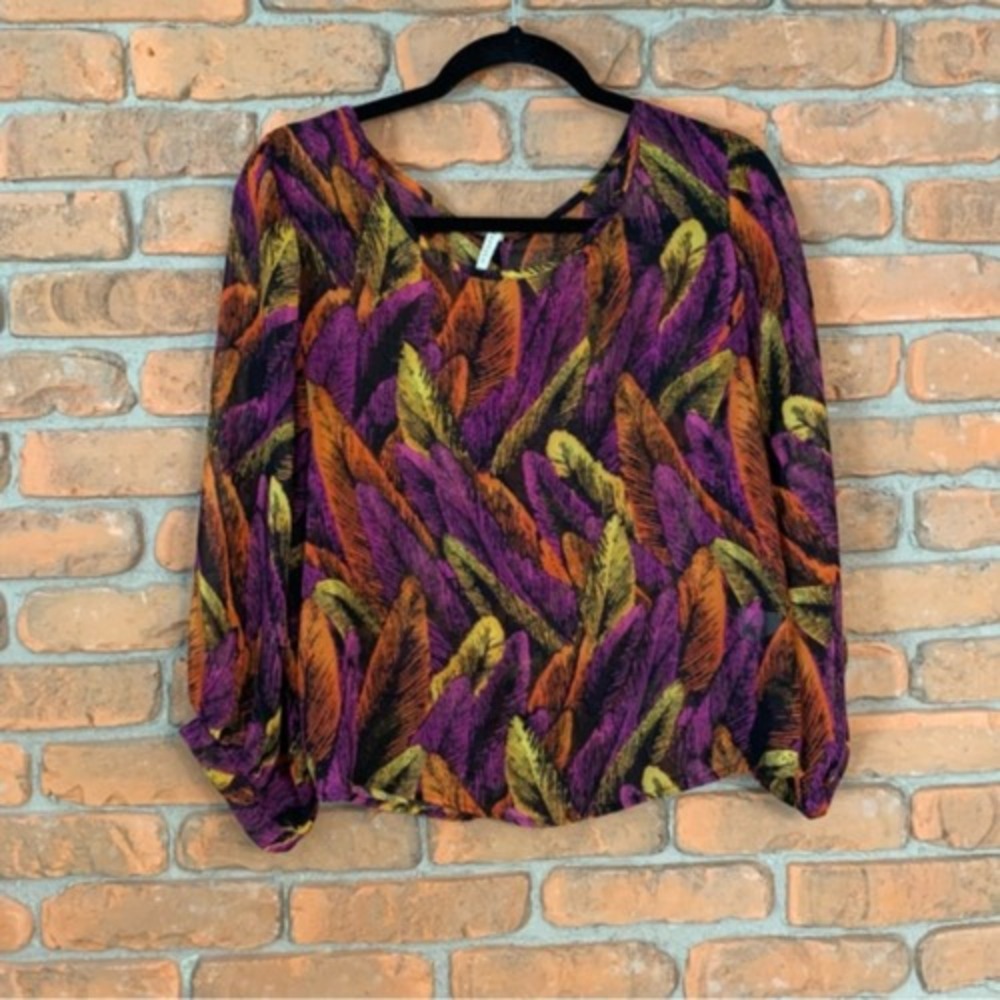 teenplo Feather Print‎ Blouse Womens Size Large Long Sleeve Top Colorful Light